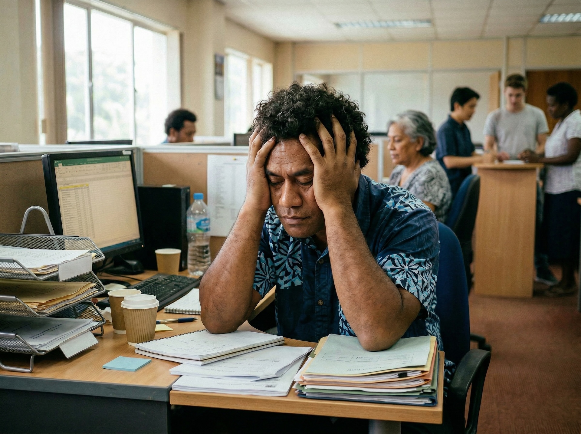 Person sitting at a desk looking mentally and physically exhausted from burnout