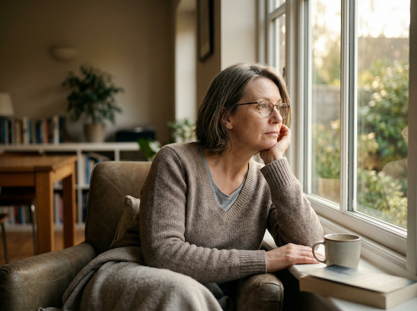 Midlife woman looking thoughtful by window, representing menopause mood changes, anxiety and brain fog