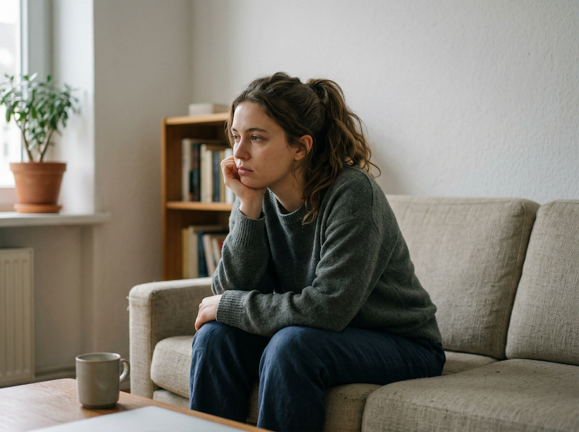 Person sitting quietly at home appearing mentally fatigued and unmotivated, reflecting the experience of wondering why do I have no motivation