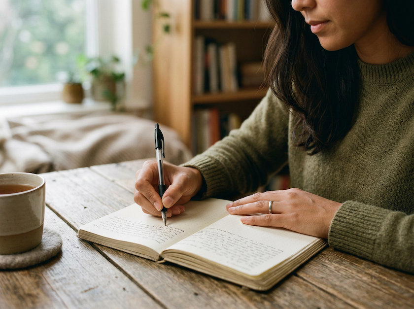 Person journaling in a notebook in a calm setting, supporting reflection and mental clarity