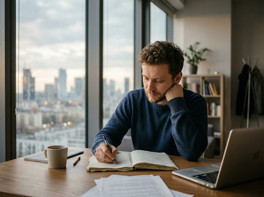 Person working calmly at desk in natural light, representing small steps to rebuild motivation and focus