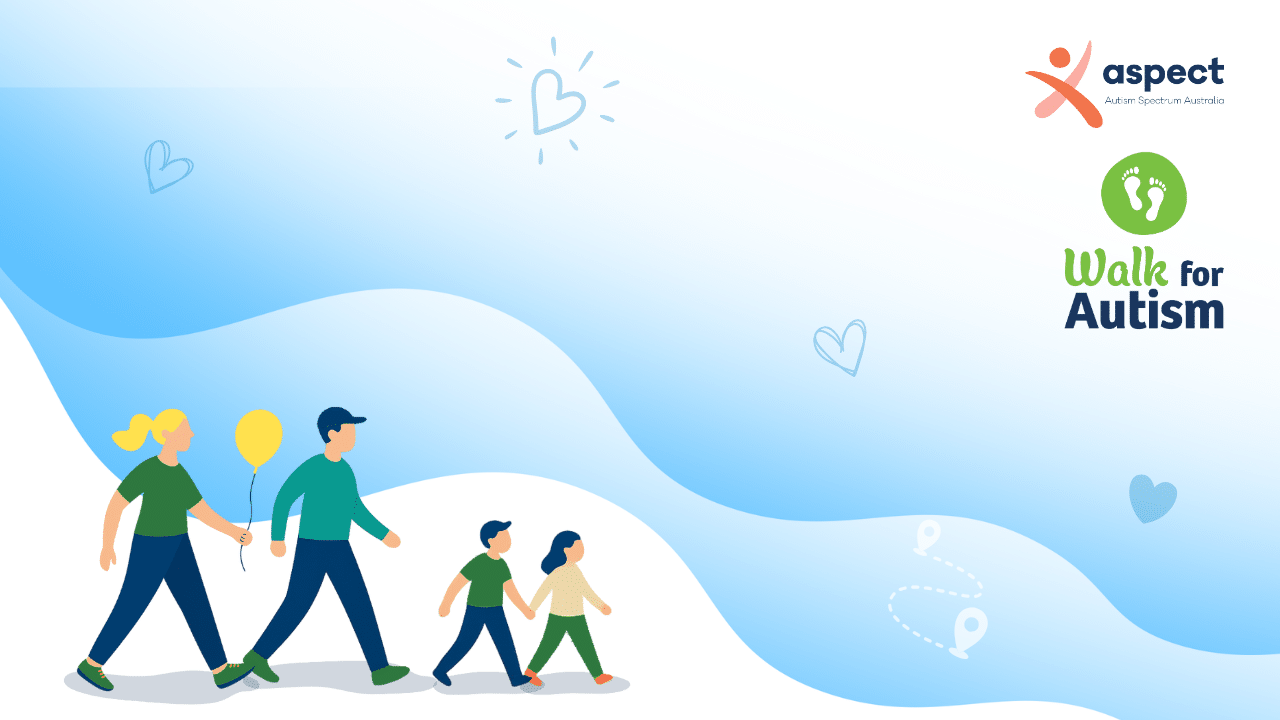 Illustration of adults and children walking together for Walk for Autism, symbolising community support for autistic people of all ages.