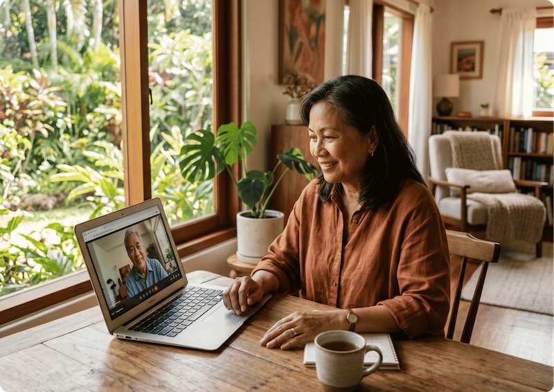 Person using laptop for telehealth psychology, Mind-Care serving Coffs Harbour and Mid North Coast