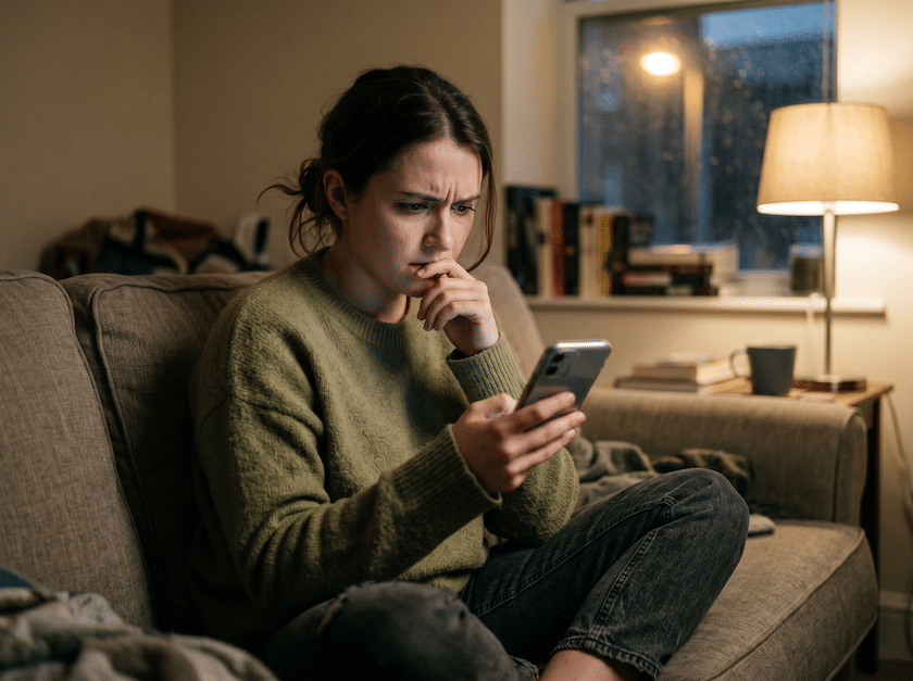 Woman looking at phone, making sense of her experience of gaslighting