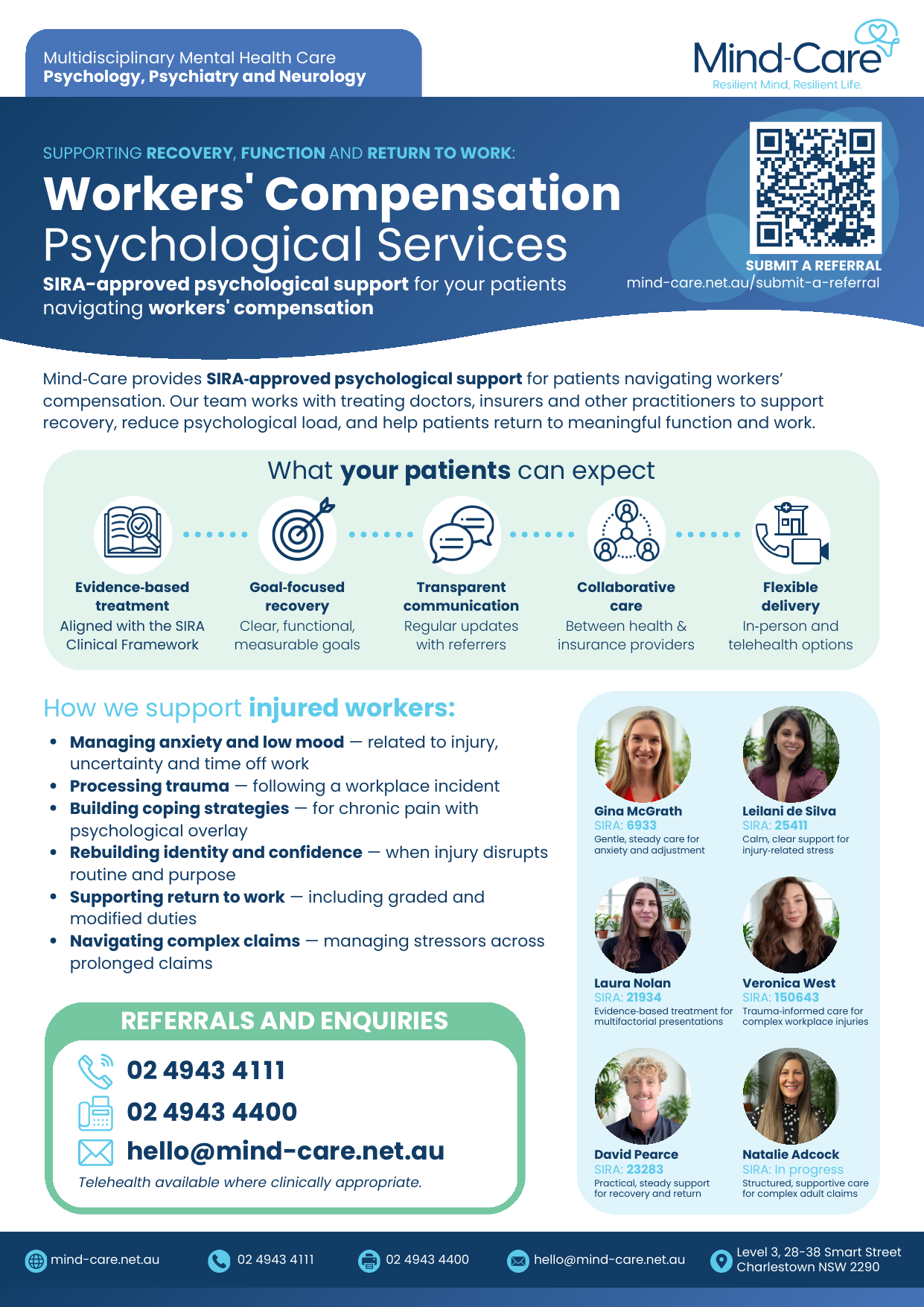 Mind-Care workers compensation psychological services flyer for GPs and referrers
