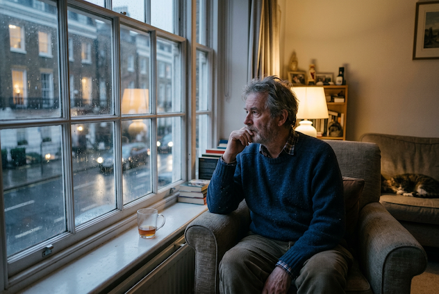 Man sitting alone at home experiencing loneliness looking out a window
