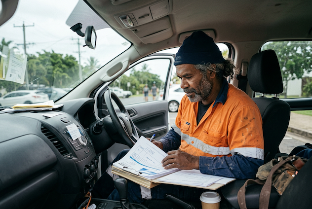 Tradesperson sitting in a ute looking at paperwork
