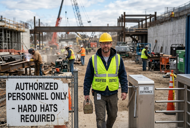 Worker returning to a worksite wearing modified duties vest after experiencing psychological workplace injuries