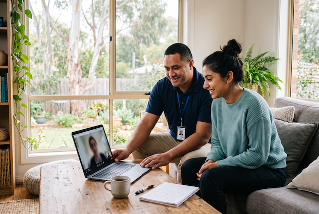 Support worker sitting beside an NDIS participant during a telehealth psychology session at home